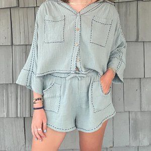 Blue Short Sleeve Short Set With Blue Thread Detail